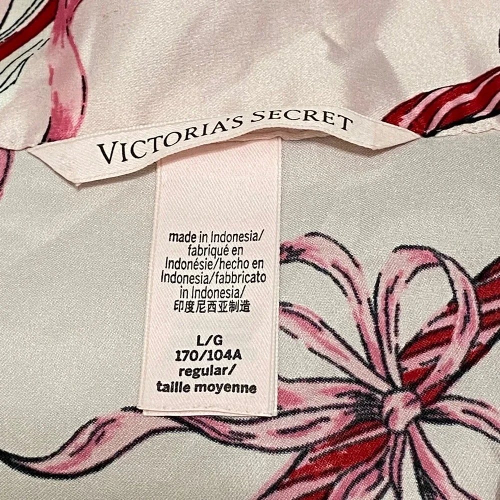 Victoria's Secret Pink Candy Cane Bow Satin Pajama Set L Holiday Sleepwear